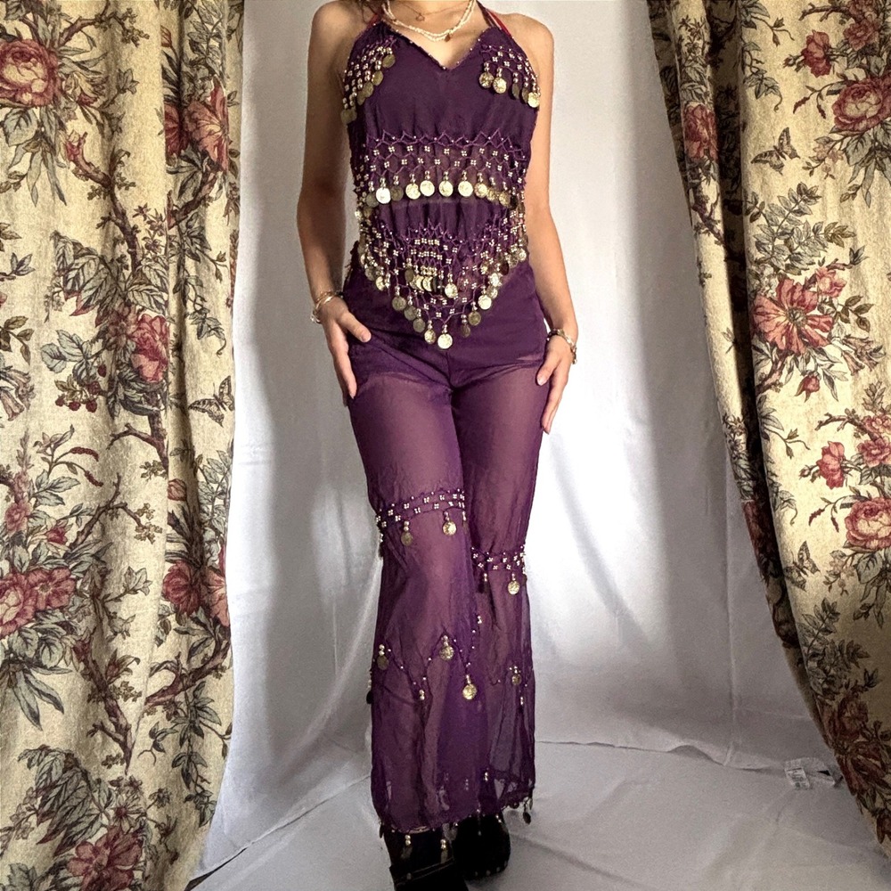 Stunning purple bedlah two piece halter set with coin detailing and gold beading